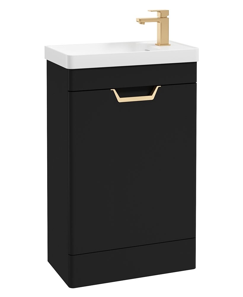 SONAS Freya 55cm Matt Black Single Door Cloakroom Floor Standing Vanity Unit - Brushed Gold Hardware SONAS Freya 55cm Matt Black Single Door Cloakroom Floor Standing Vanity Unit - Brushed Gold Hardware