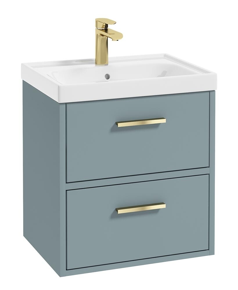 SONAS FINLAND 50cm Two Drawer Wall Hung Matt Coral Green Vanity Unit - Brushed Gold Handle