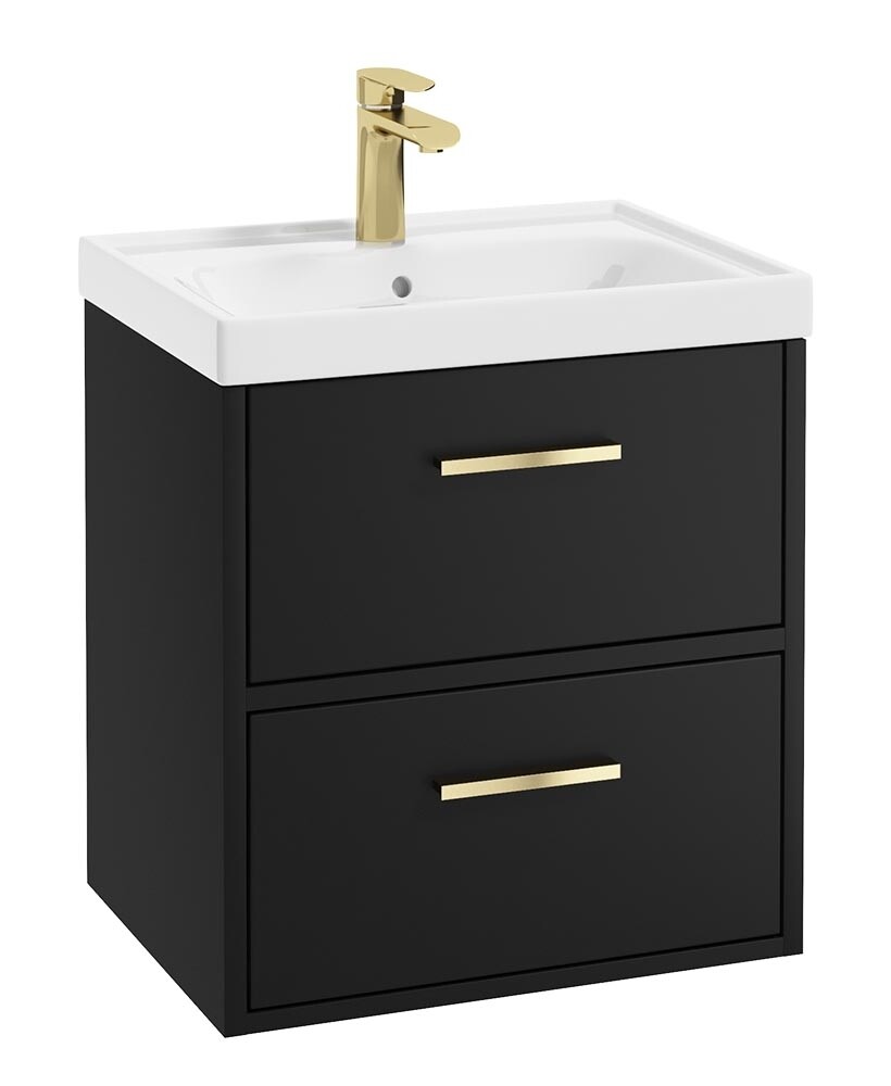 SONAS FINLAND 50cm Two Drawer Wall Hung Matt Black Vanity Unit - Brushed Gold Handle