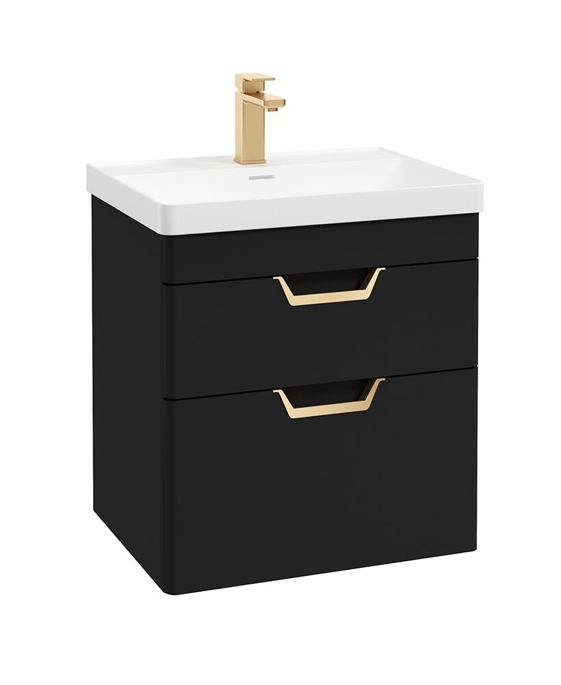 SONAS Freya 60cm 2 Drawer Wall Hung Vanity Unit Matt Black - Brushed Gold Hardware