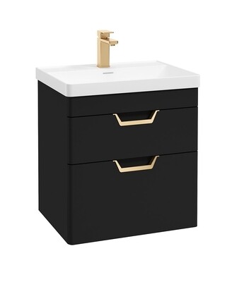 SONAS Freya 60cm 2 Drawer Wall Hung Vanity Unit Matt Black - Brushed Gold Hardware