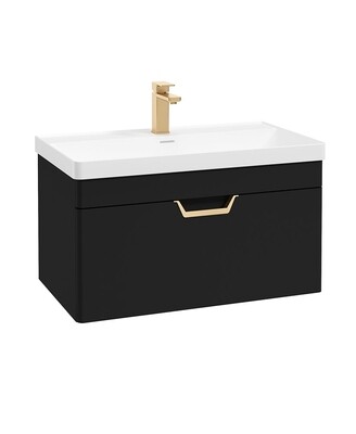 SONAS Freya 80cm 1 Drawer Wall Hung Vanity Unit Matt Black - Brushed Gold Hardware