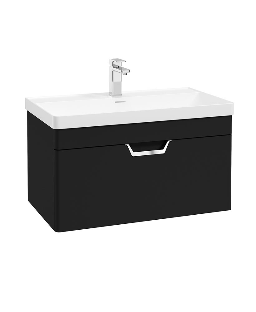 SONAS Freya 80cm 1 Drawer Wall Hung Vanity Unit Matt Black - Brushed Chrome Hardware