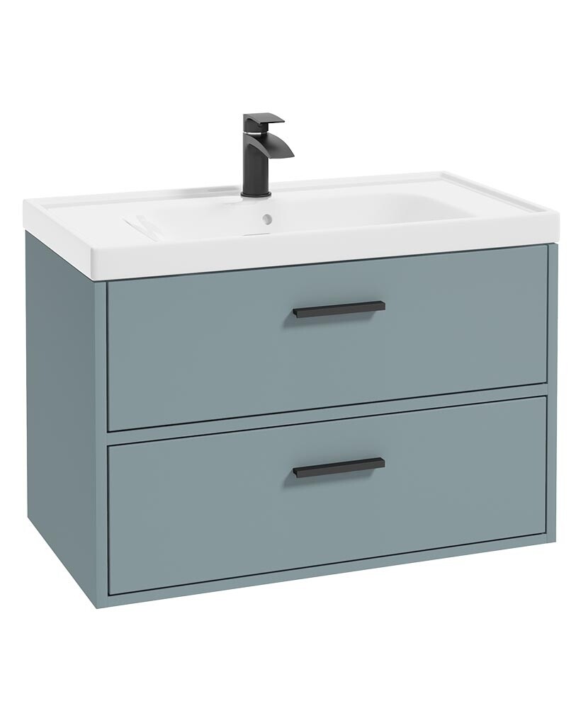 SONAS FINLAND 80cm Two Drawer Matt Coral Green Wall Hung Vanity Unit - Matt Black Handle