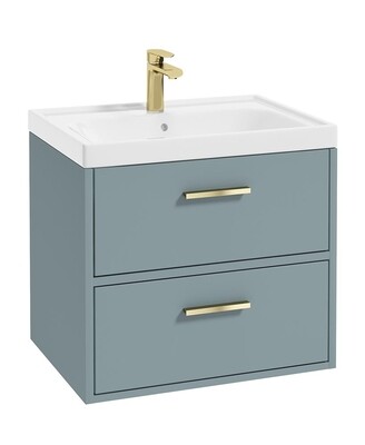 SONAS FINLAND 60cm Two Drawer Matt Coral Green Wall Hung Unit - Brushed Gold Handle