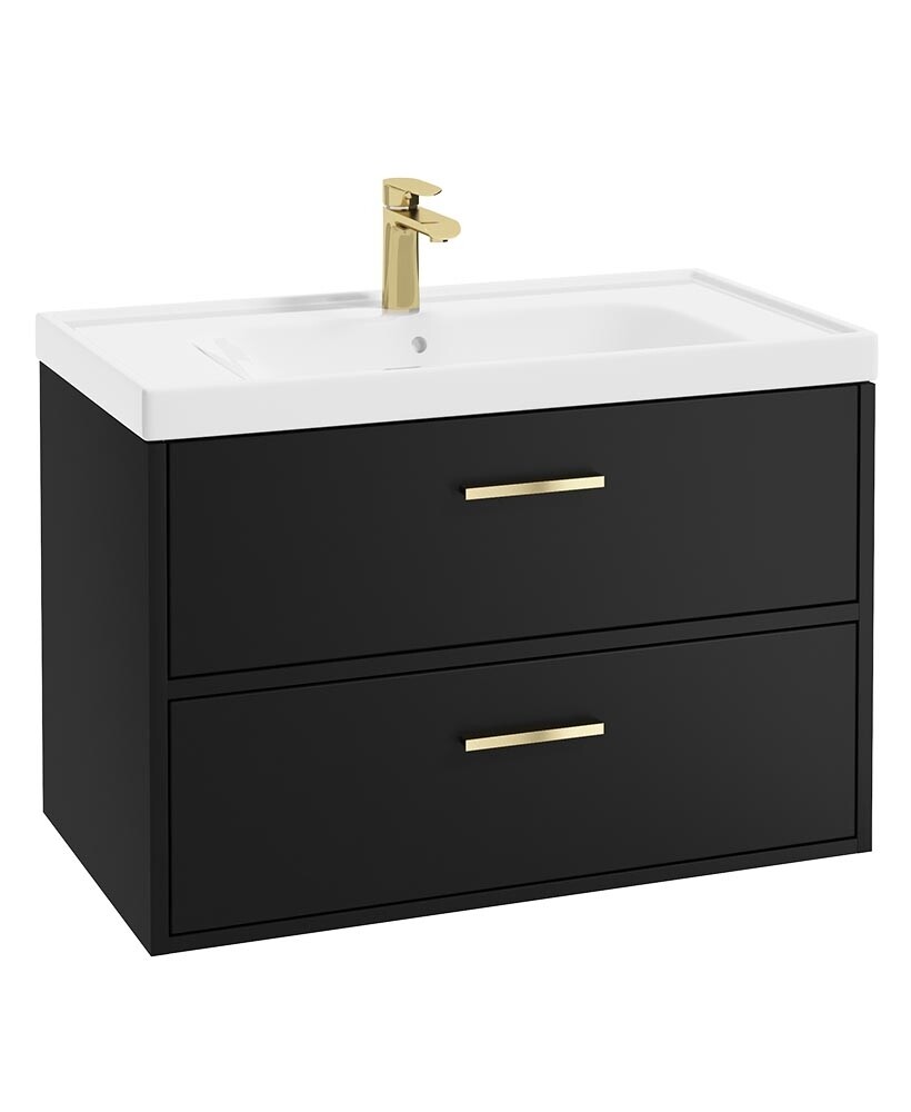 SONAS FINLAND 80cm Two Drawer Matt Black Wall Hung Vanity Unit - Brushed Gold Handle