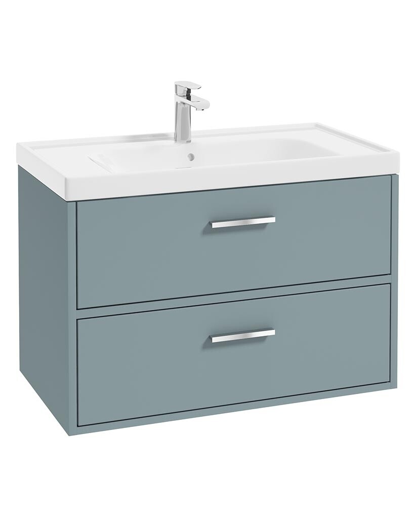 SONAS FINLAND 80cm Two Drawer Matt Coral Green Wall Hung Vanity Unit - Brushed Chrome Handle