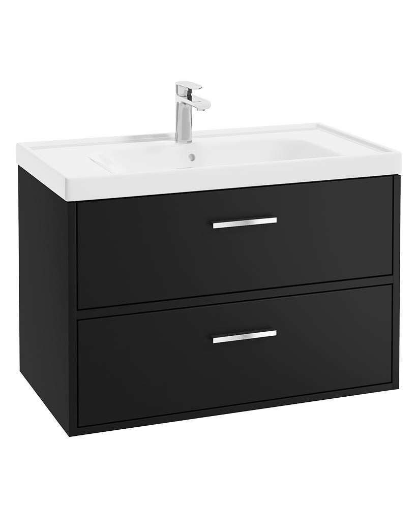 SONAS FINLAND 80cm Two Drawer Matt Black Wall Hung Vanity Unit - Brushed Chrome Handle