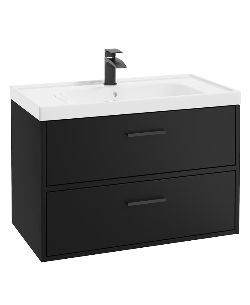 SONAS FINLAND 80cm Two Drawer Matt Black Wall Hung Vanity Unit - Matt Black Handle