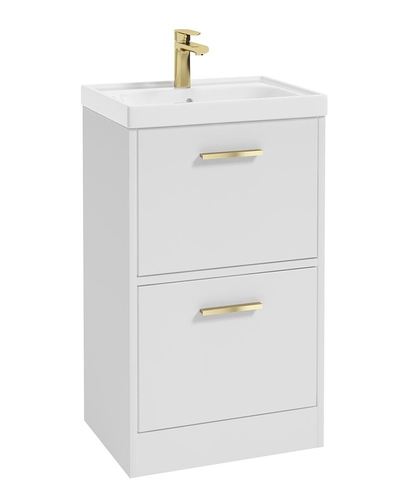 SONAS FINLAND 50cm Two Drawer Matt White Floor Standing Vanity Unit - Brushed Gold Handle