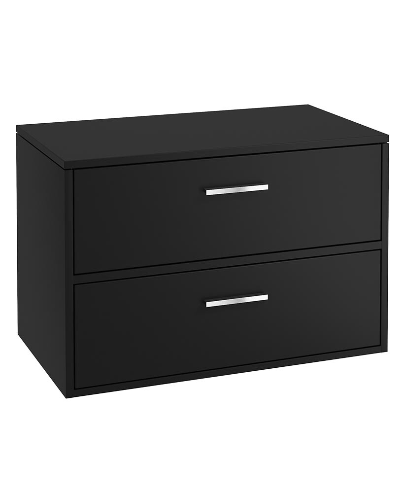 SONAS FINLAND 80cm Two Drawer Matt Black Countertop Wall Hung Vanity Unit - Brushed Chrome Handle