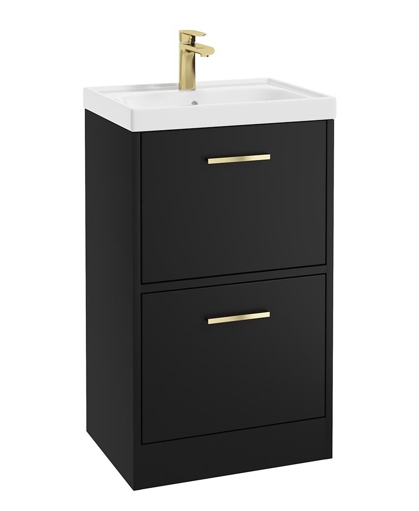 SONAS FINLAND 50cm Two Drawer Matt Black Floor Standing Vanity Unit - Brushed Gold Handle
