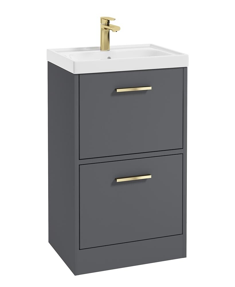 SONAS FINLAND 50cm Two Drawer Matt Midnight Grey Floor Standing Vanity Unit - Brushed Gold Handle
