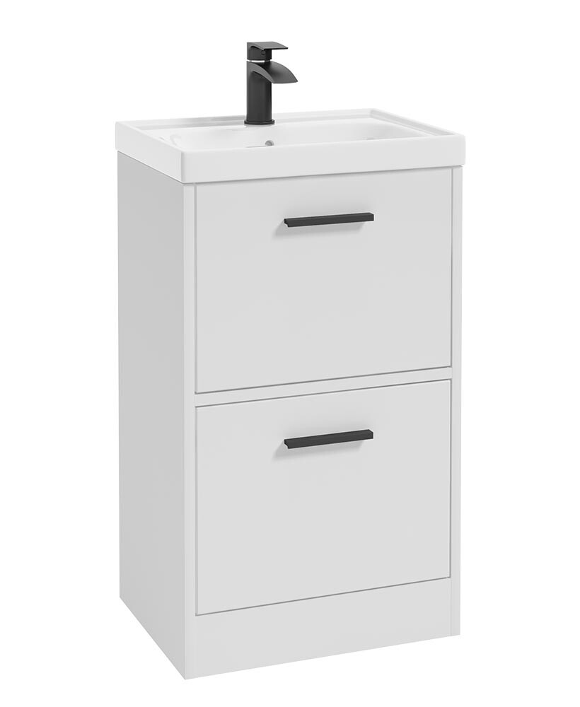 SONAS FINLAND 50cm Two Drawer Matt White Floor Standing Vanity Unit - Matt Black Handle