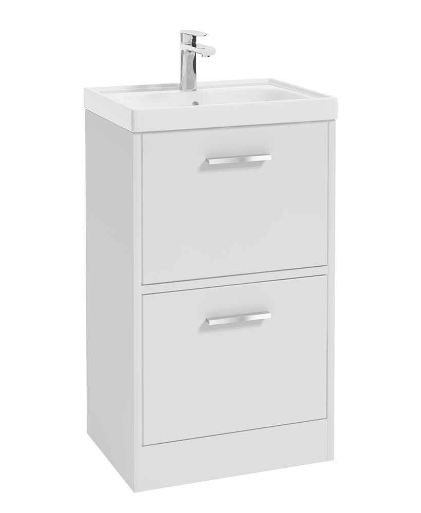 SONAS FINLAND 50cm Two Drawer Matt White Floor Standing Vanity Unit - Brushed Chrome Handle