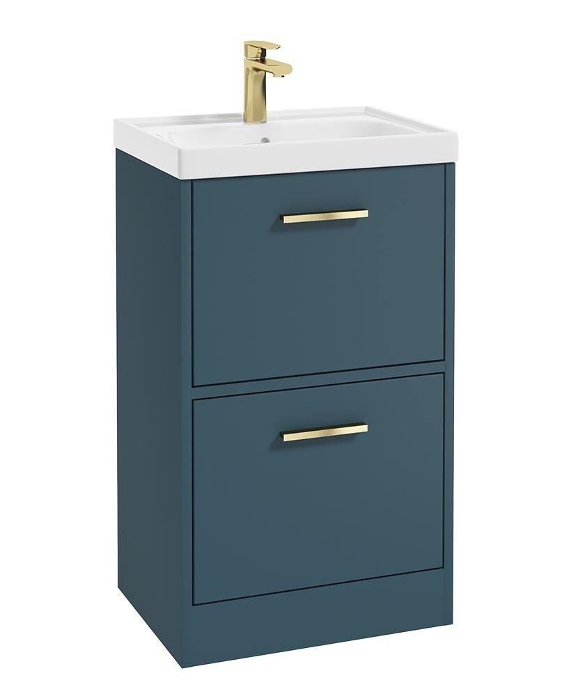 SONAS FINLAND 50cm Two Drawer Matt Ocean Blue Floor Standing Vanity Unit - Brushed Gold Handle SONAS FINLAND 50cm Two Drawer Matt Ocean Blue Floor Standing Vanity Unit - Brushed Gold Handle