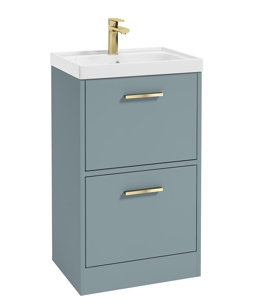 SONAS FINLAND 50cm Two Drawer Matt Coral Green Floor Standing Vanity Unit - Brushed Gold Handle SONAS FINLAND 50cm Two Drawer Matt Coral Green Floor Standing Vanity Unit - Brushed Gold Handle