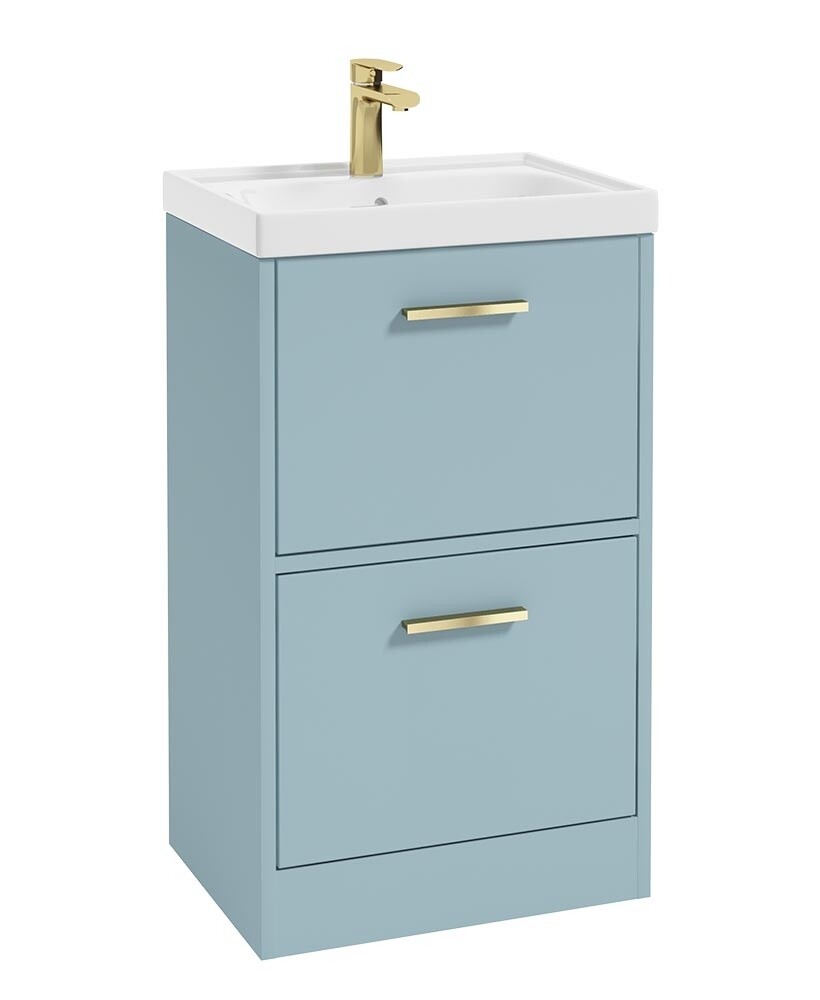 SONAS FINLAND 50cm Two Drawer Matt Morning Sky Blue Floor Standing Vanity Unit - Brushed Gold Handle