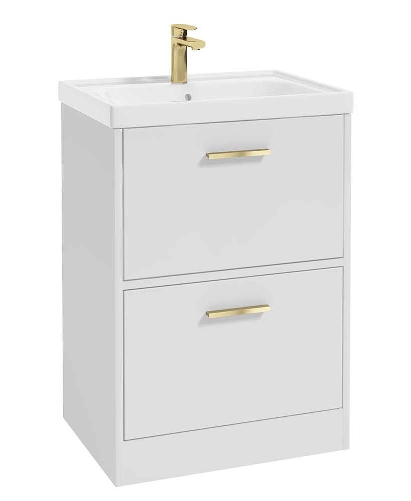 SONAS FINLAND 60cm Two Drawer Matt White Floor Standing Vanity Unit - Brushed Gold Handle SONAS FINLAND 60cm Two Drawer Matt White Floor Standing Vanity Unit - Brushed Gold Handle