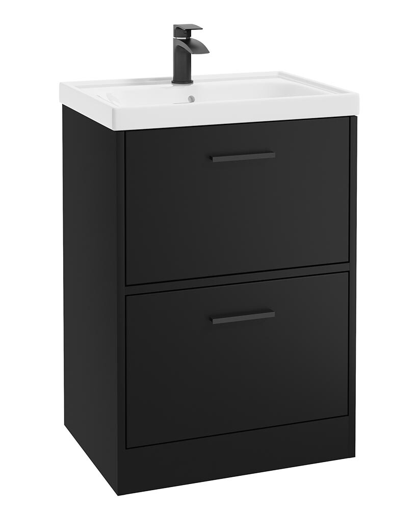 SONAS FINLAND 60cm Two Drawer Matt Black Floor Standing Vanity Unit - Matt Black Handle