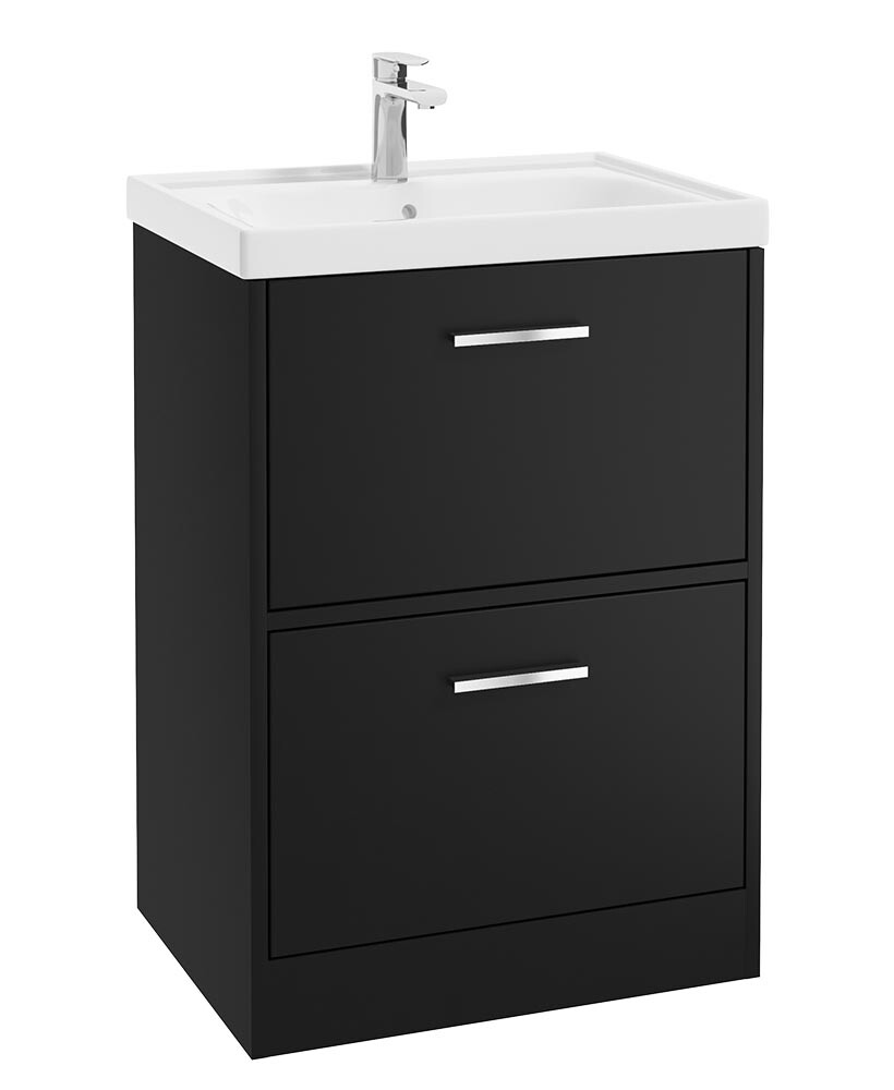 SONAS FINLAND 60cm Two Drawer Matt Black Floor Standing Vanity Unit - Brushed Chrome Handle