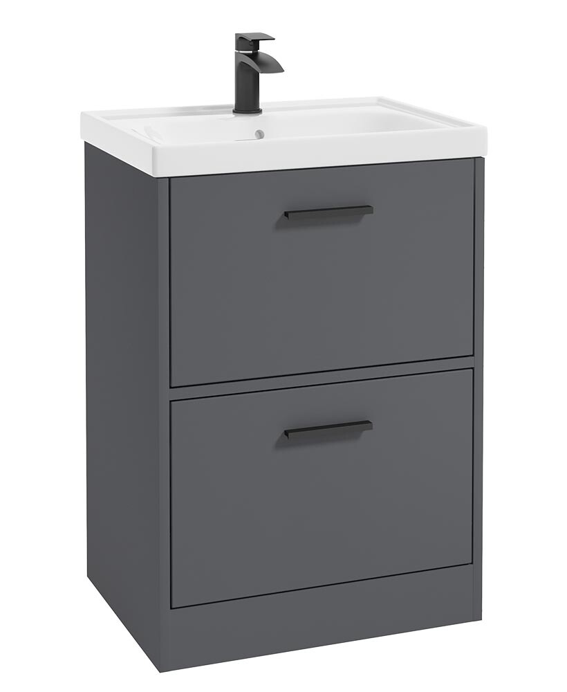 SONAS FINLAND 60cm Two Drawer Matt Midnight Grey Floor Standing Vanity Unit - Matt Black Handle