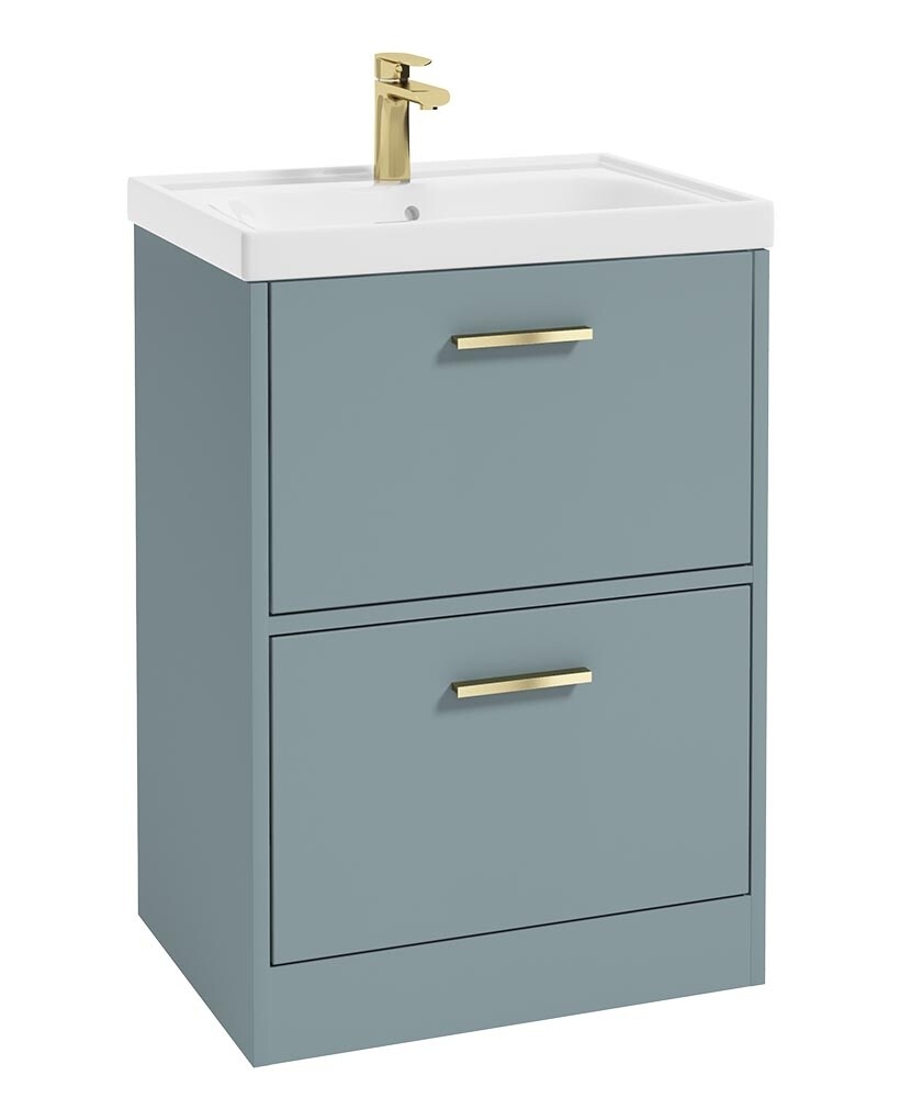 SONAS FINLAND 60cm Two Drawer Matt Coral Green Floor Standing Vanity Unit - Brushed Gold Handle