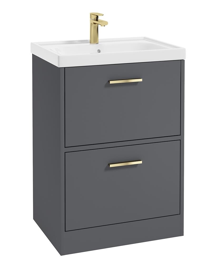 SONAS FINLAND 60cm Two Drawer Matt Midnight Grey Floor Standing Vanity Unit - Brushed Gold Handle SONAS FINLAND 60cm Two Drawer Matt Midnight Grey Floor Standing Vanity Unit - Brushed Gold Handle