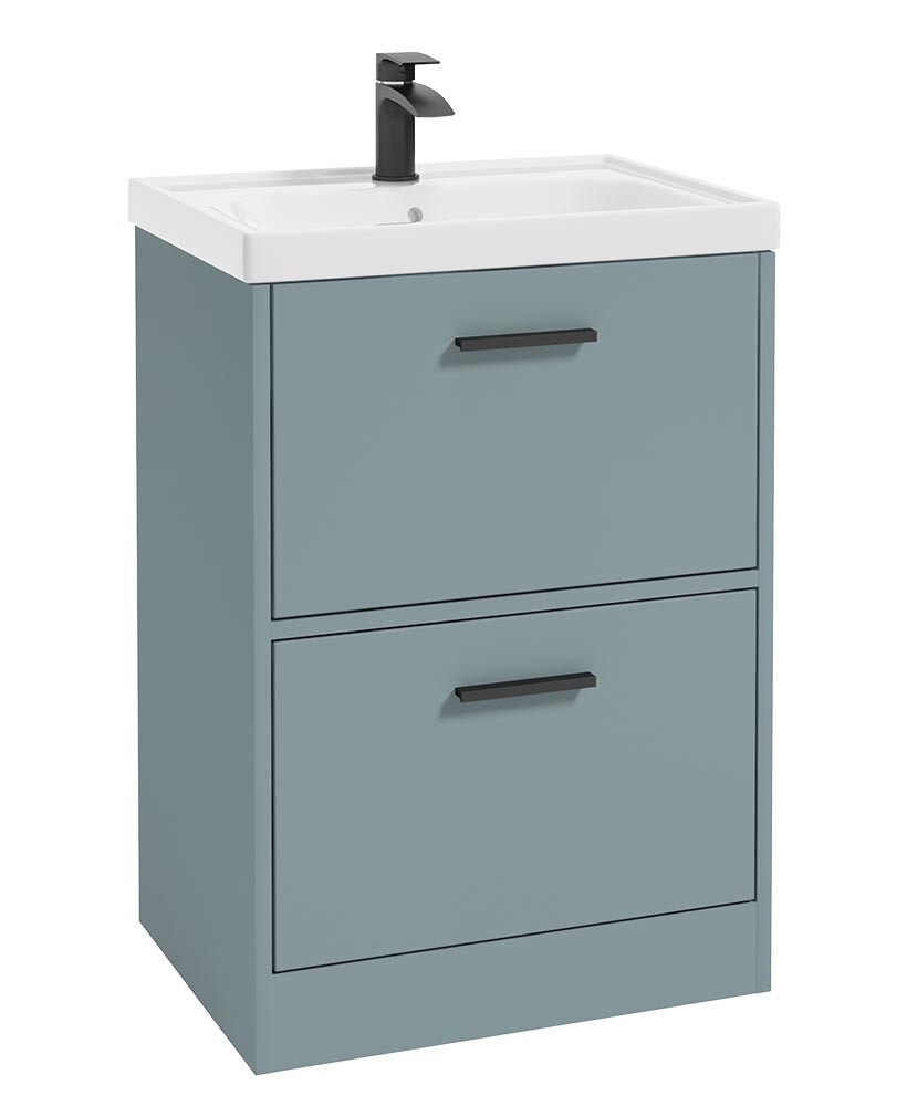 SONAS FINLAND 60cm Two Drawer Matt Coral Green Floor Standing Vanity Unit - Matt Black Handle