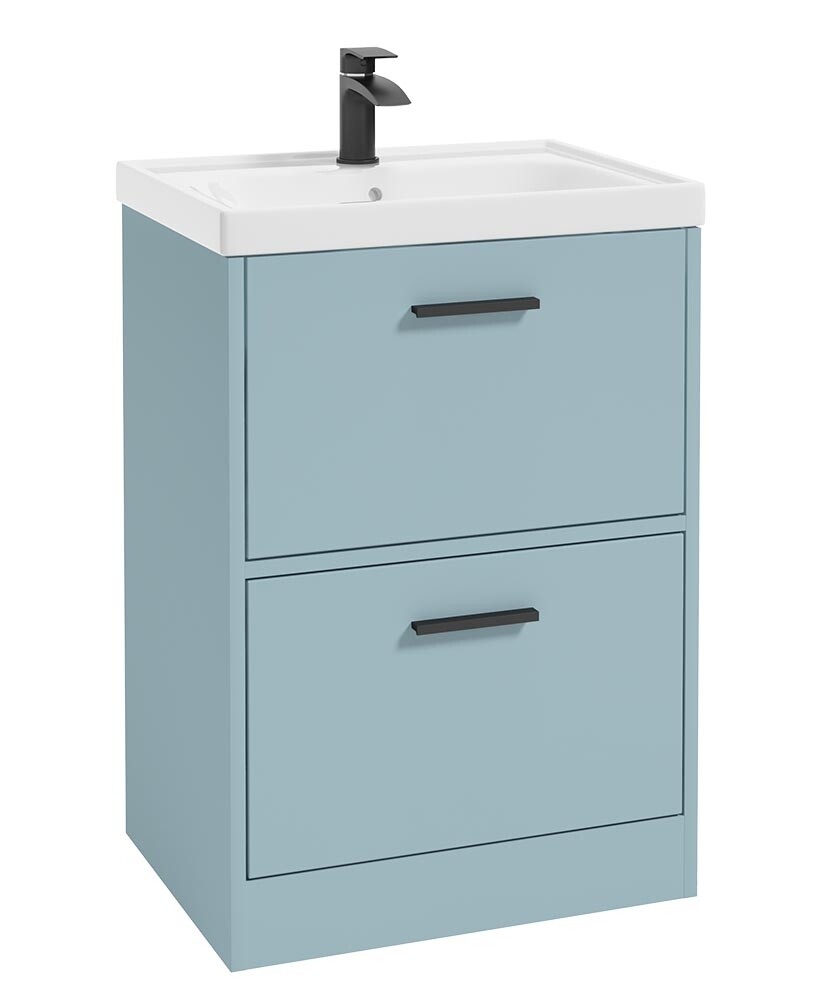 SONAS FINLAND 60cm Two Drawer Matt Morning Sky Blue Floor Standing Vanity Unit - Matt Black Handle