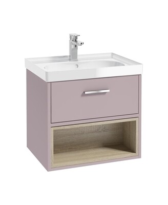 SONAS MALMO 60cm Matt Cashmere Pink Single Drawer Vanity Unit Gloss Basin - Brushed Chrome Handle