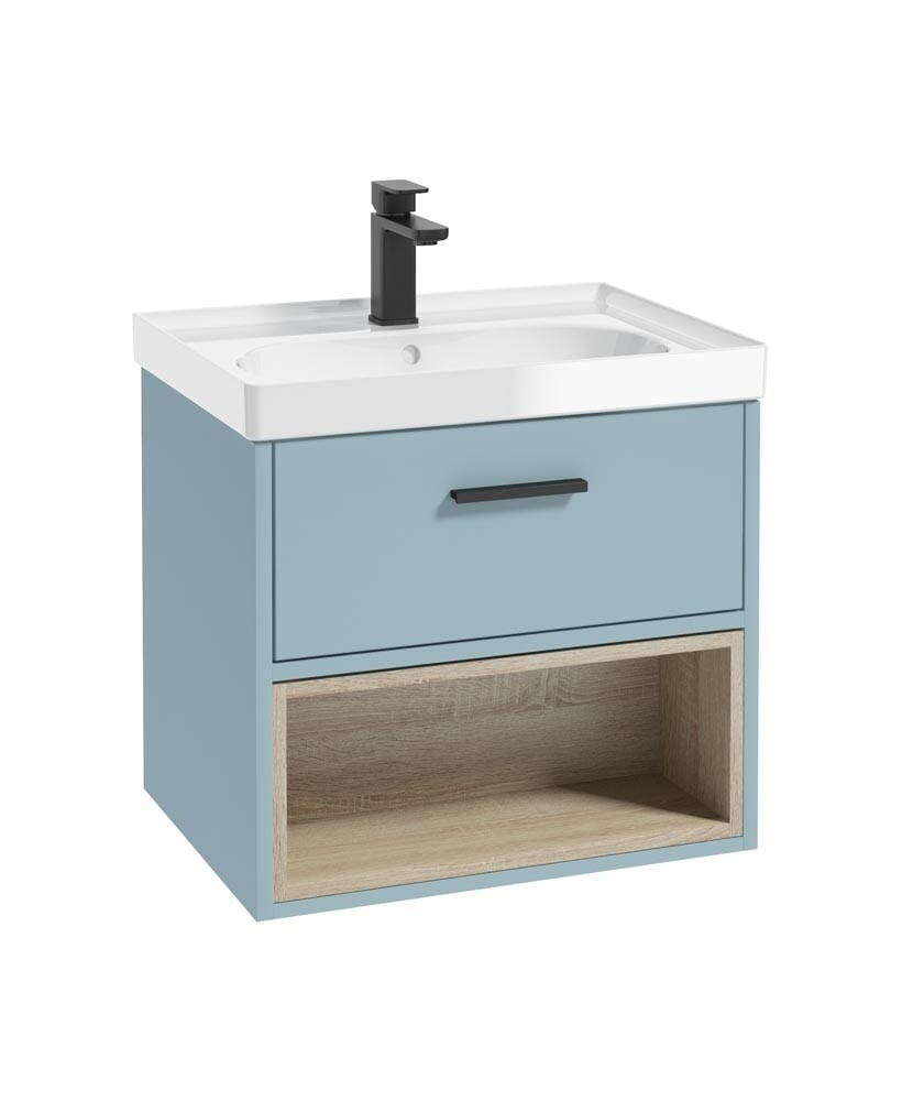 SONAS MALMO 60cm Matt Morning Sky Blue Single Drawer Vanity Unit Gloss Basin - Matt Black Handle
