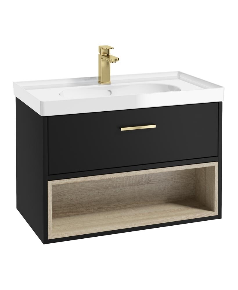 SONAS MALMO 80cm Matt Black Single Drawer Vanity Unit Gloss Basin - Brushed Gold Handles