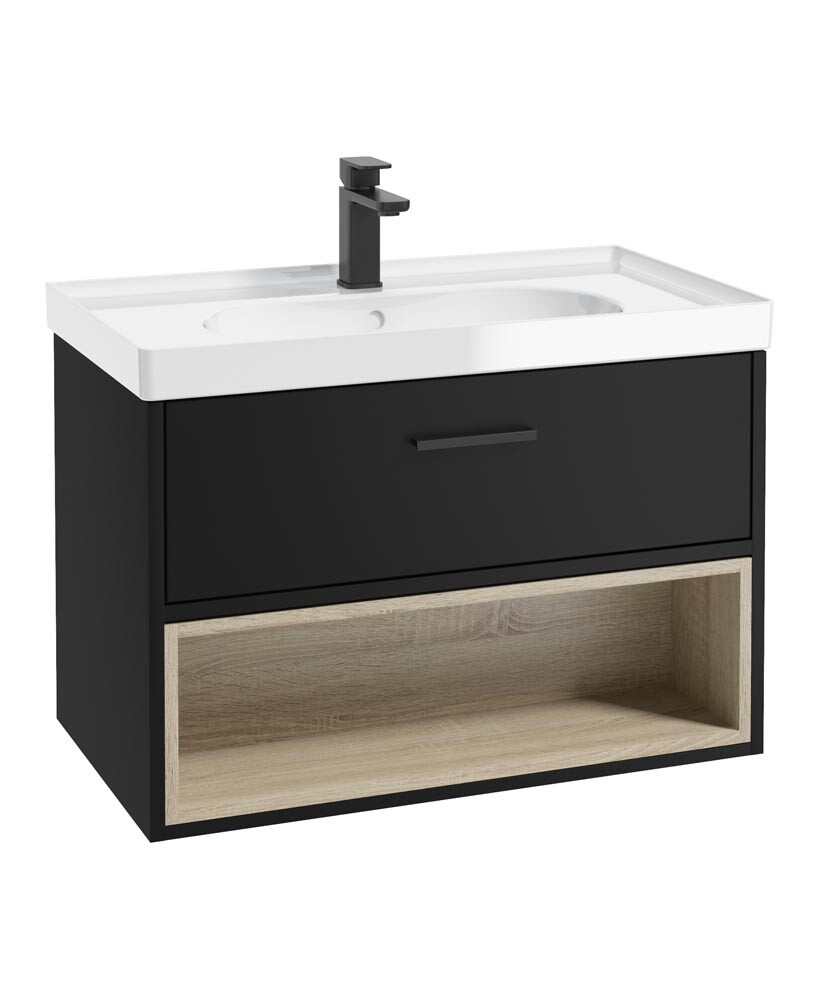 SONAS MALMO 80cm Matt Black Single Drawer Vanity Unit Gloss Basin - Matt Black Handles