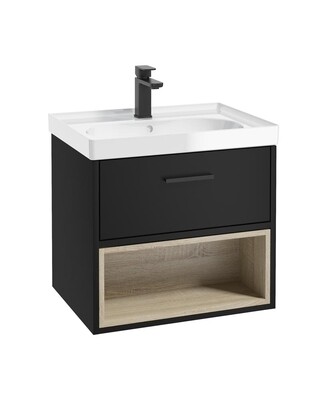 SONAS MALMO 60cm Matt Black Single Drawer Vanity Unit Gloss Basin - Matt Black Handle
