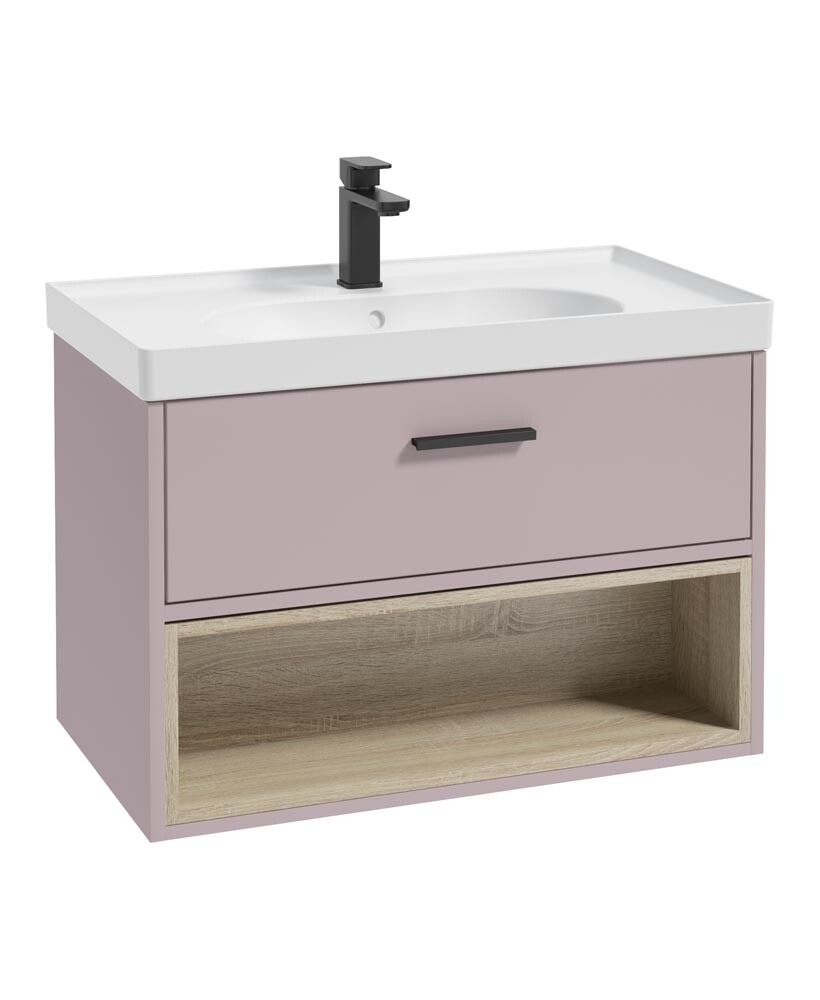 SONAS MALMO 80cm Matt Cashmere Pink Single Drawer Vanity Unit Matt Basin - Matt Black Handle