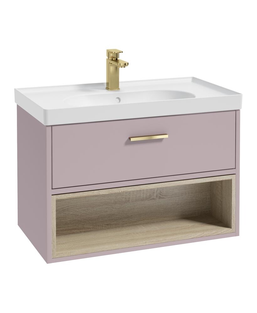 SONAS MALMO 80cm Matt Cashmere Pink Single Drawer Vanity Unit Matt Basin - Brushed Gold Handle