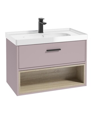 SONAS MALMO 80cm Matt Cashmere Pink Single Drawer Vanity Unit Gloss Basin - Matt Black Handles