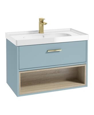 SONAS MALMO 80cm Matt Morning Sky Blue Single Drawer Vanity Unit Gloss Basin - Brushed Gold Handles