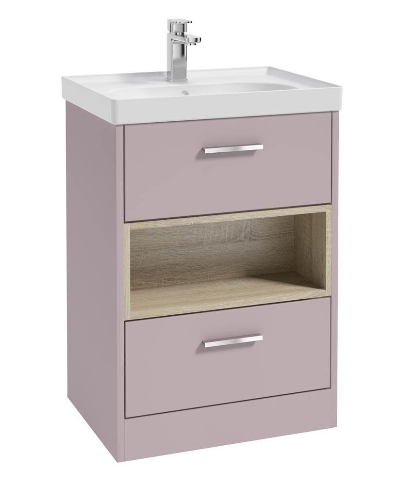 SONAS MALMO 60cm Two Drawer Matt Cashmere Pink Floor Standing Vanity Unit Matt Basin- Brushed Chrome Handle