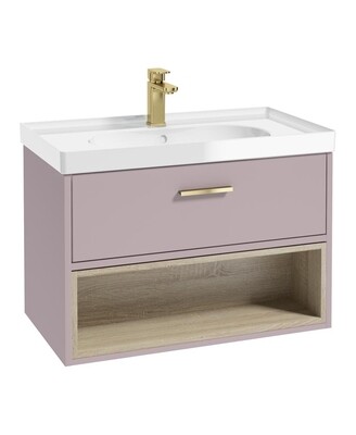 SONAS MALMO 80cm Matt Cashmere Pink Single Drawer Vanity Unit Gloss Basin - Brushed Gold Handles