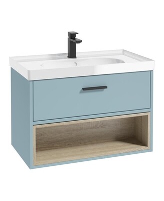 SONAS MALMO 80cm Matt Morning Sky Blue Single Drawer Vanity Unit Gloss Basin - Matt Black Handles
