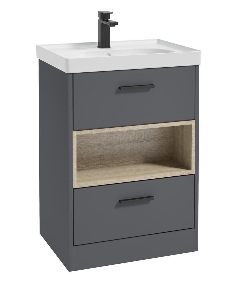 SONAS MALMO 60cm Two Drawer Matt Midnight Grey Floor Standing Vanity Unit Matt Basin - Matt Black Handle
