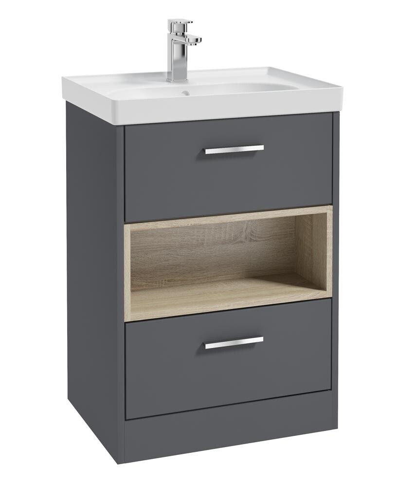 SONAS MALMO 60cm Two Drawer Matt Midnight Grey Floor Standing Vanity Unit Matt Basin- Brushed Chrome Handle