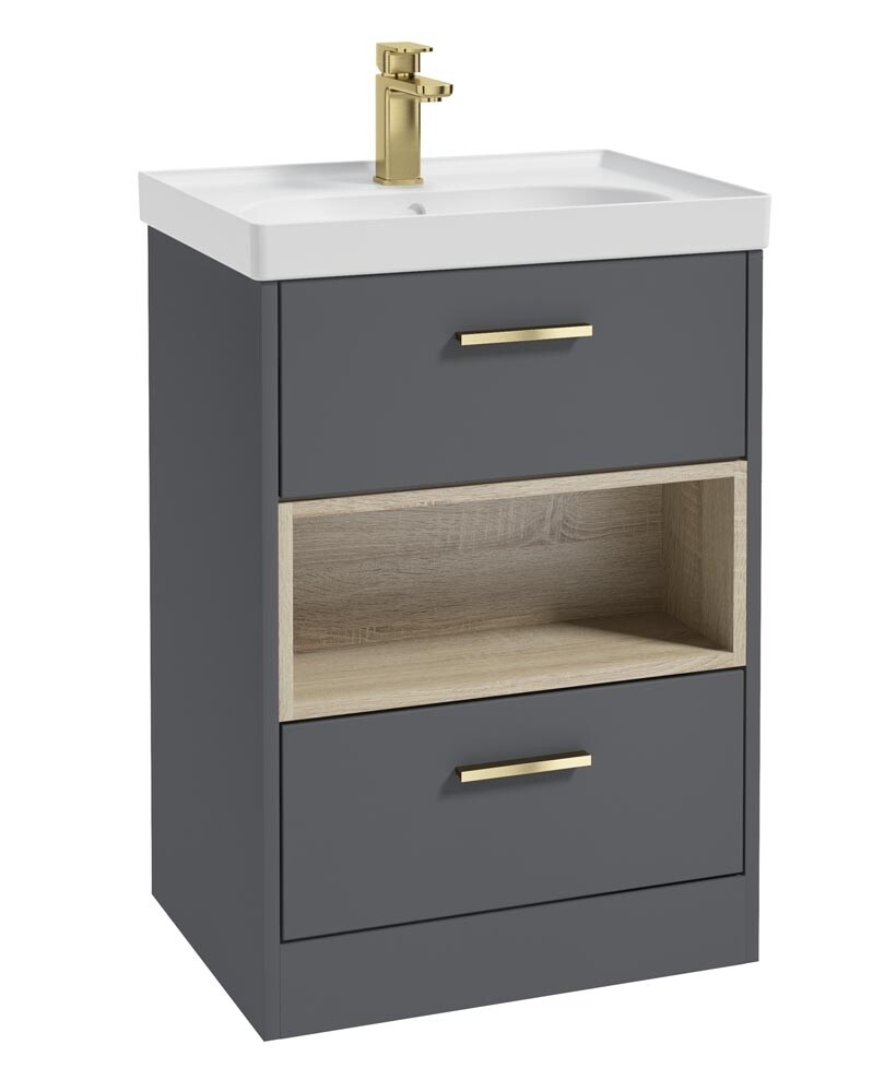 SONAS MALMO 60cm Two Drawer Matt Midnight Grey Floor Standing Vanity Unit Matt Basin- Brushed Gold Handle