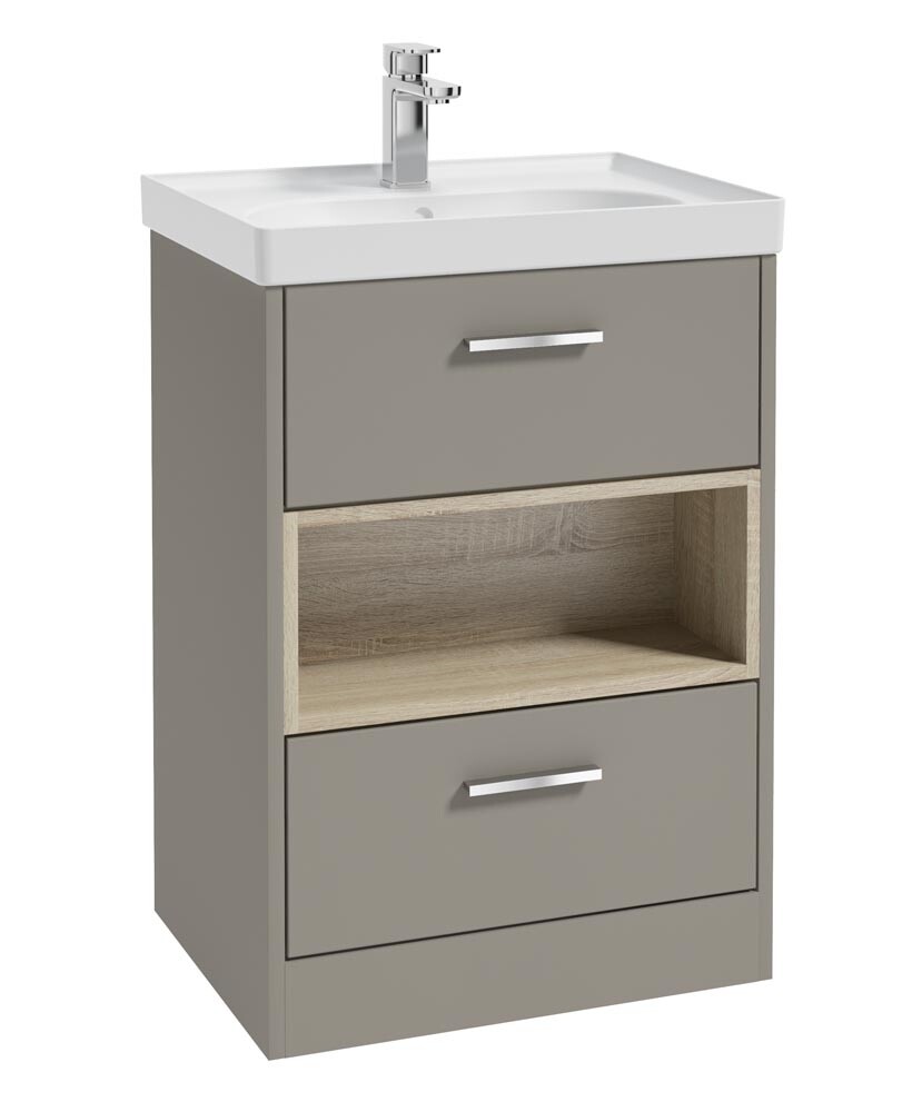SONAS MALMO 60cm Two Drawer Matt Khaki Floor Standing Vanity Unit Matt Basin- Brushed Chrome Handle