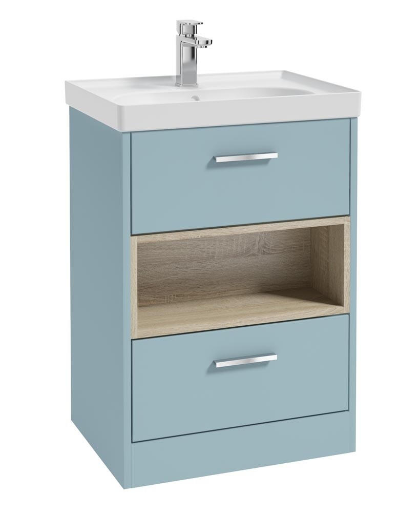 SONAS MALMO 60cm Two Drawer Matt Morning Sky Blue Floor Standing Vanity Unit Matt Basin- Brushed Chrome Handle