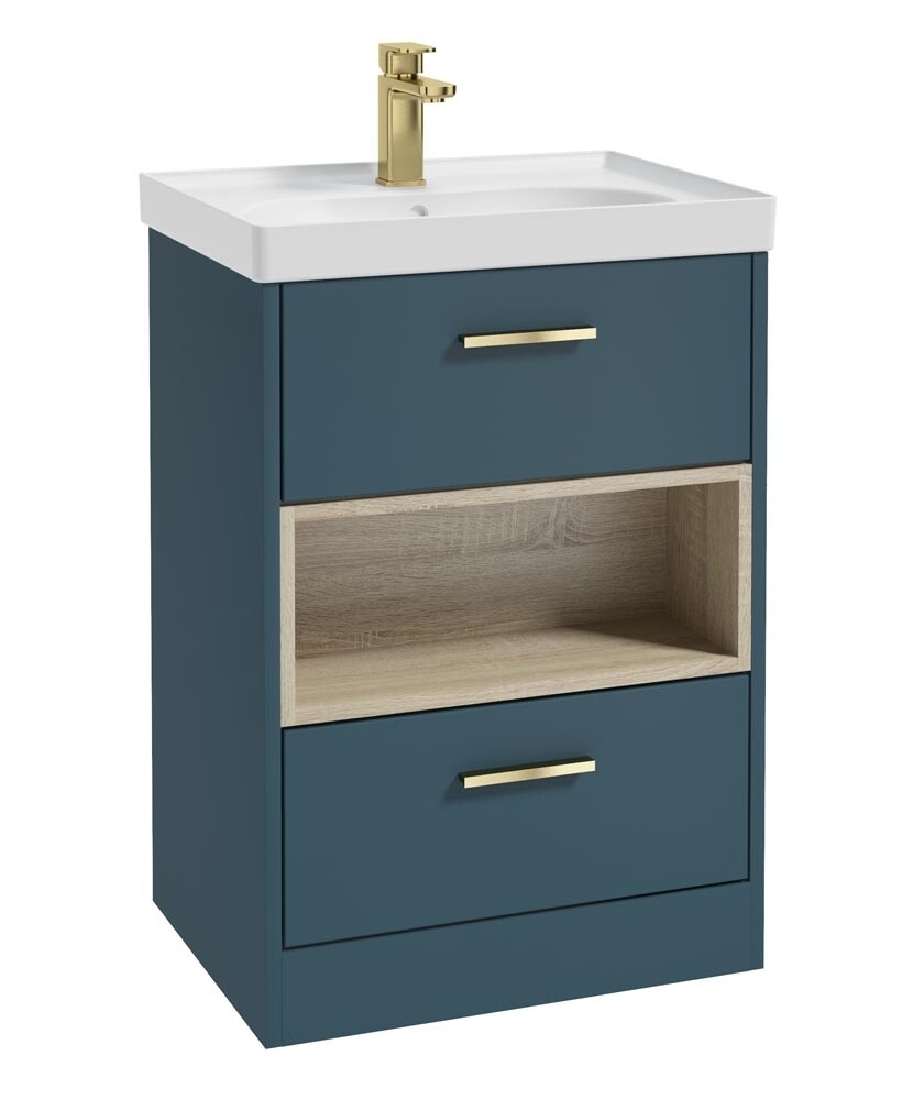 SONAS MALMO 60cm Two Drawer Matt Ocean Blue Floor Standing Vanity Unit Matt Basin- Brushed Gold Handle