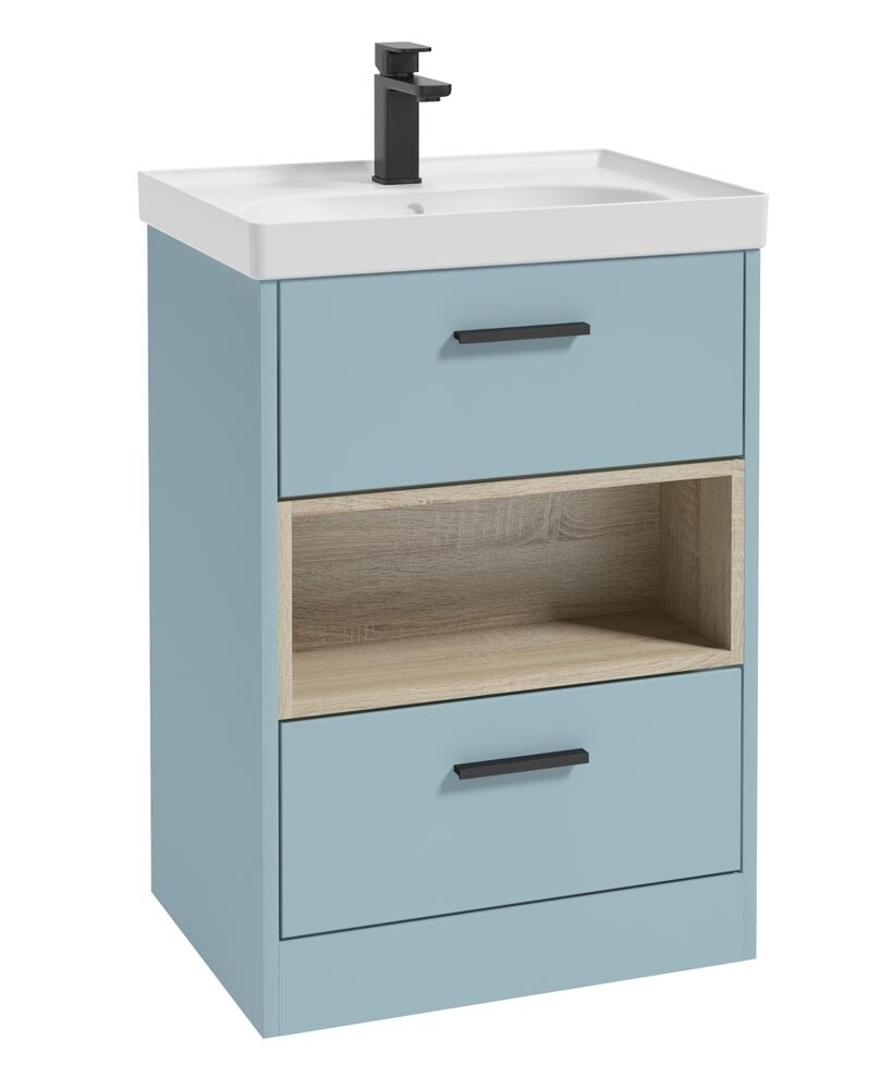 SONAS MALMO 60cm Two Drawer Matt Morning Sky Blue Floor Standing Vanity Unit Matt Basin- Matt Black Handle