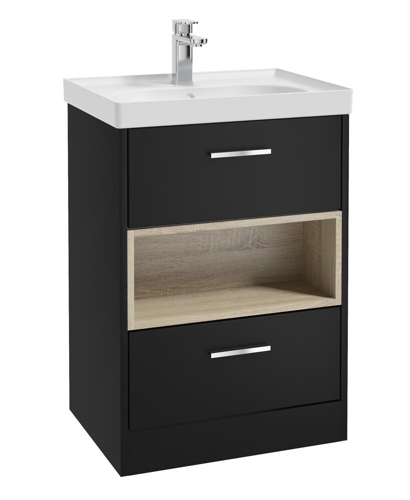 SONAS MALMO 60cm Two Drawer Matt Black Floor Standing Vanity Unit Matt Basin- Brushed Chrome Handle